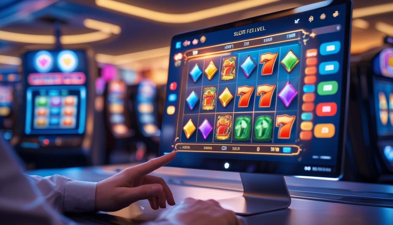 Seseorang menggunakan perangkat digital untuk bermain mesin slot 3D online dengan latar belakang suasana kasino yang cerah.