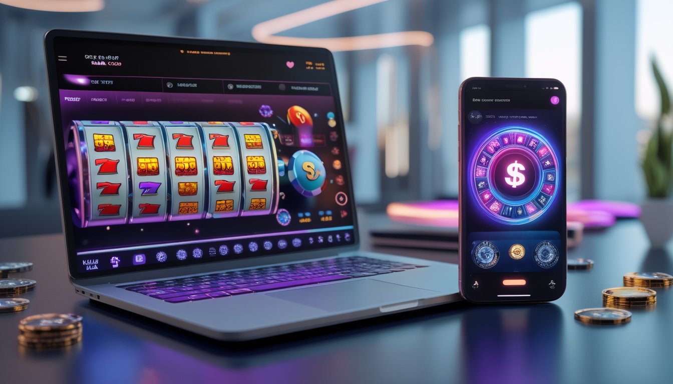 Sebuah laptop dan ponsel menampilkan permainan slot 3D dan proses deposit cepat di lingkungan yang bersih dan modern.