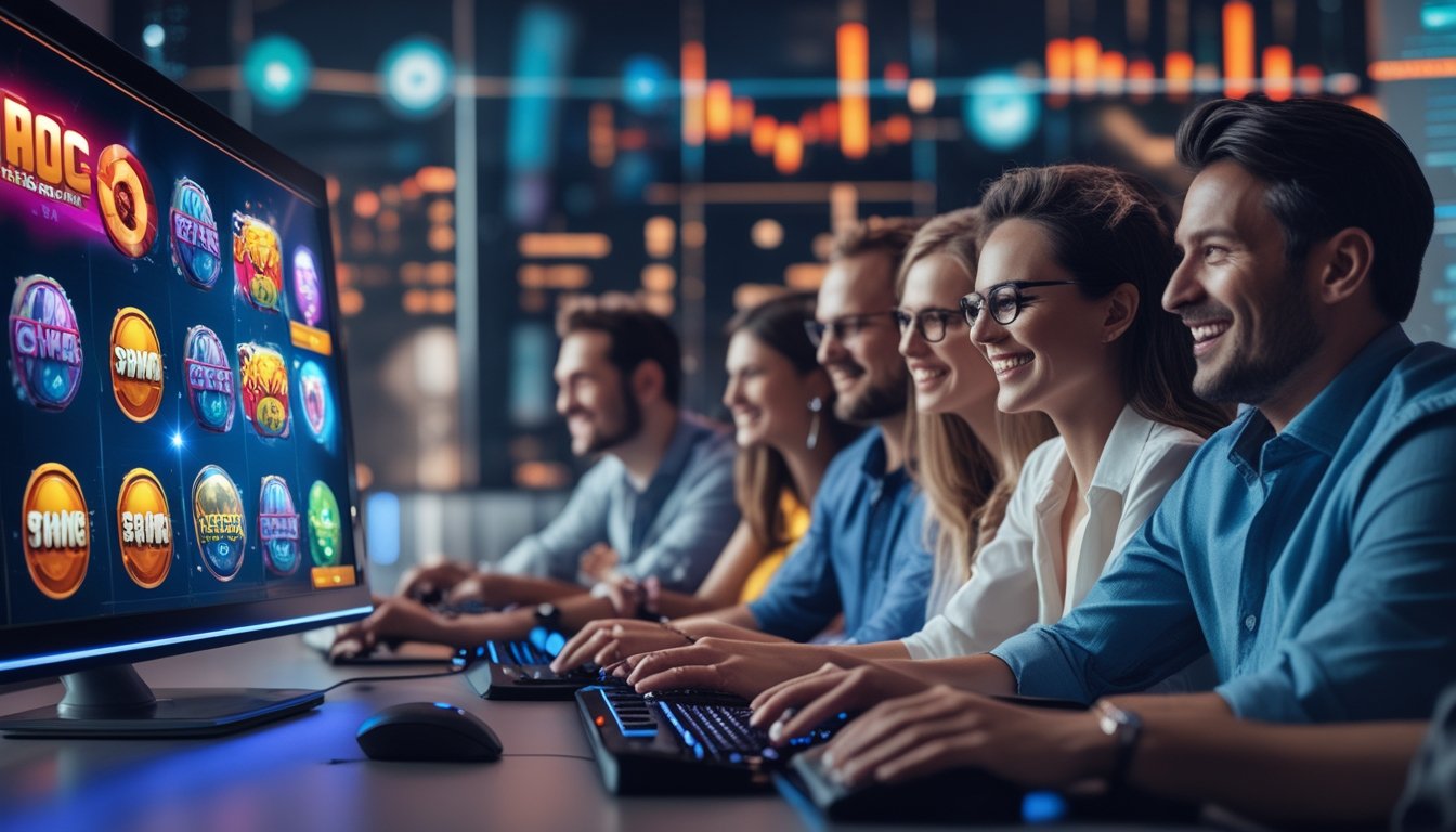 Orang-orang sedang bermain permainan slot 3D di komputer dengan ekspresi senang di ruangan modern.