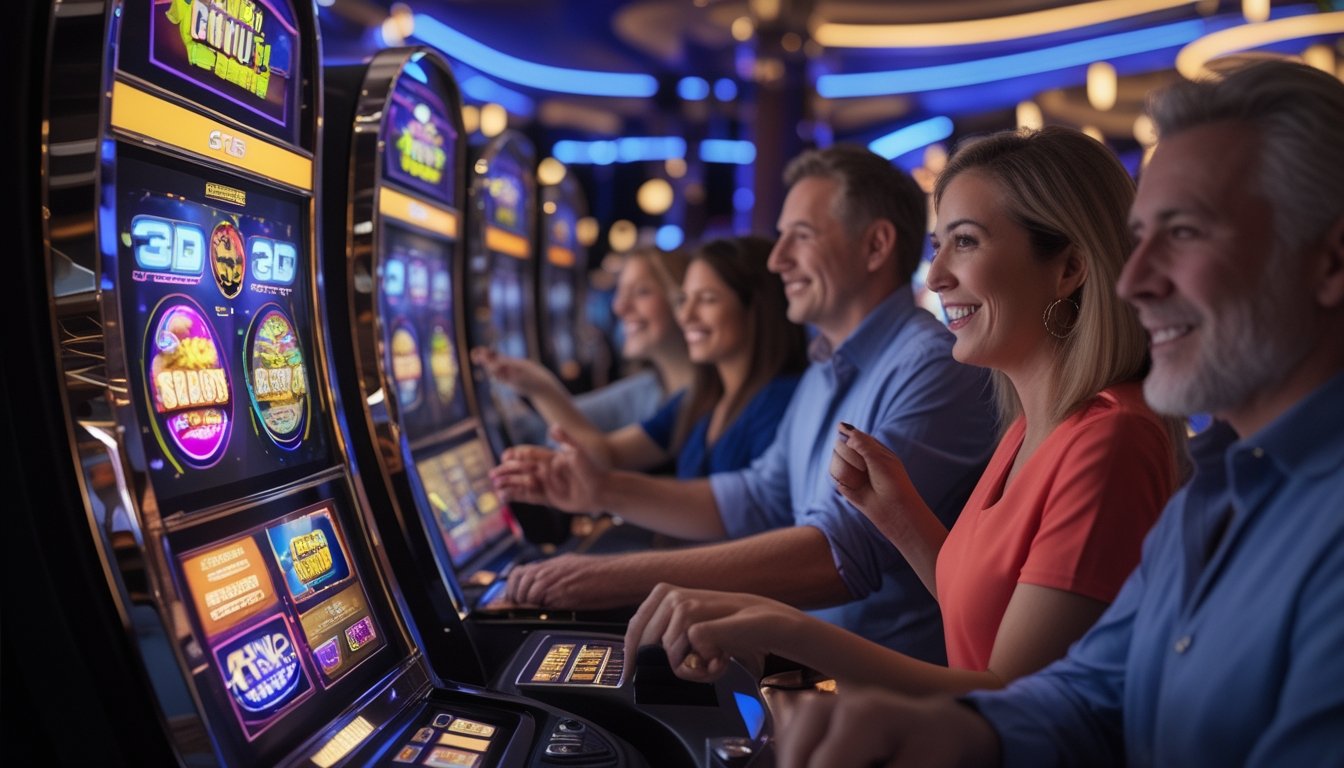 Beberapa orang dewasa bermain mesin slot 3D di kasino dengan suasana yang cerah dan modern.