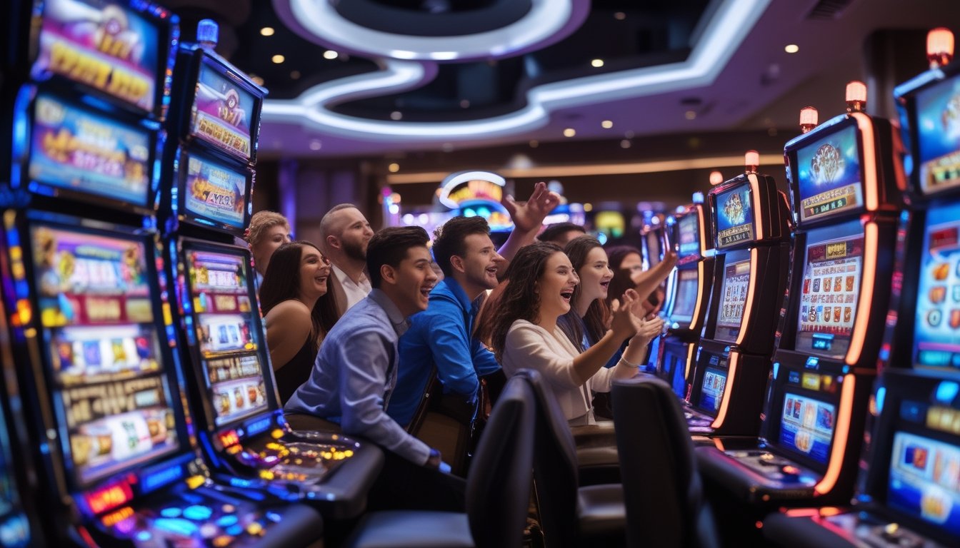 Area kasino dengan mesin slot 3D berwarna-warni dan beberapa pemain yang sedang bermain dengan ekspresi antusias.