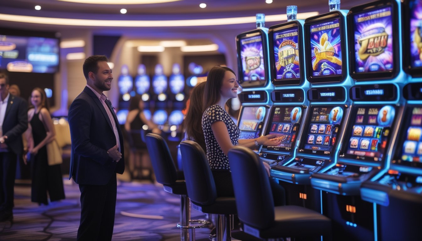 Beberapa orang sedang bermain mesin slot 3D berwarna-warni di dalam kasino yang terang dan modern.