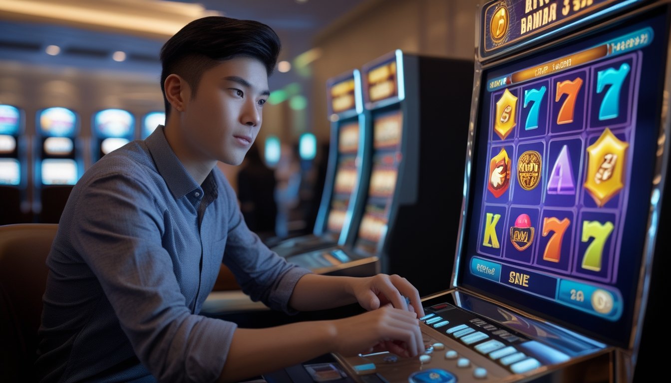 Seorang pemula sedang bermain mesin slot 3D di kasino modern dengan latar belakang mesin slot lainnya.