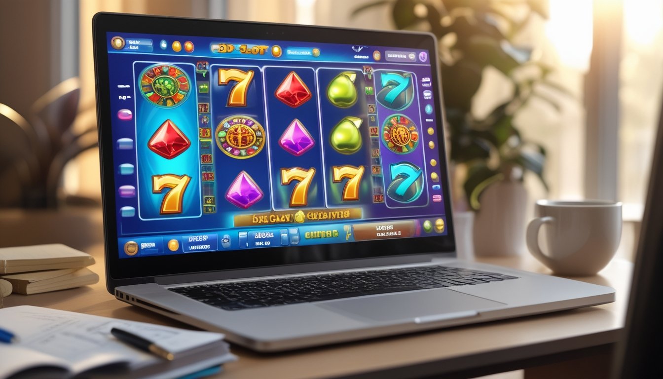 Seorang pengguna sedang bermain permainan slot 3D di komputer dengan suasana belajar yang nyaman di meja kerja.