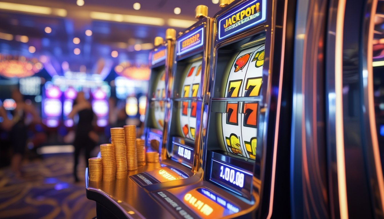 Mesin slot 3D berwarna cerah di dalam kasino dengan tumpukan koin dan layar jackpot besar, suasana ceria dan ramai.