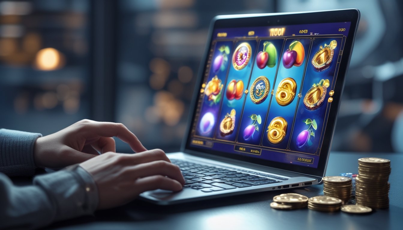 Seseorang bermain mesin slot 3D online di komputer dengan tumpukan koin dan chip di meja.