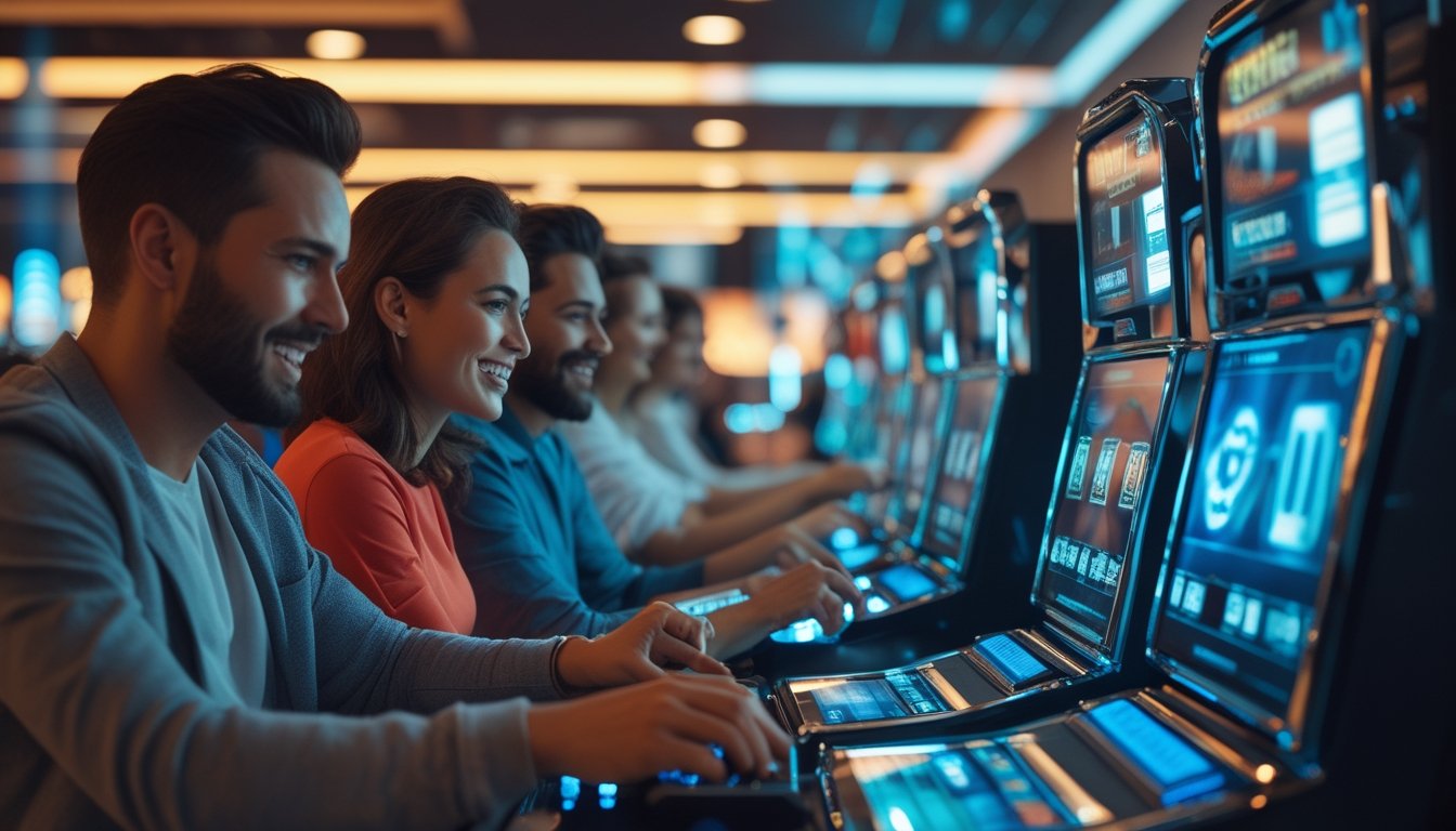 Orang-orang bermain mesin slot 3D di lingkungan kasino online yang modern dan cerah.
