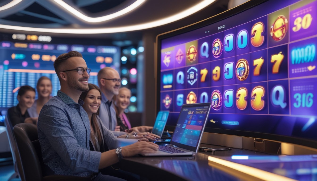 Beberapa orang dewasa menggunakan perangkat elektronik untuk bermain permainan slot 3D di lingkungan yang modern dan profesional.