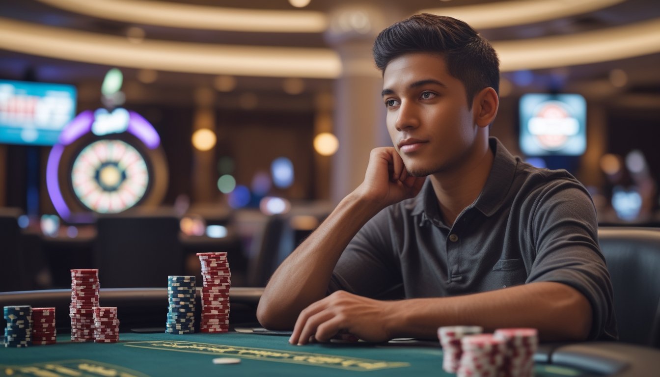 Seorang pemain pemula duduk di meja permainan kasino dengan chip dan kartu, terlihat fokus dan berpikir di lingkungan kasino yang terang dan rapi.