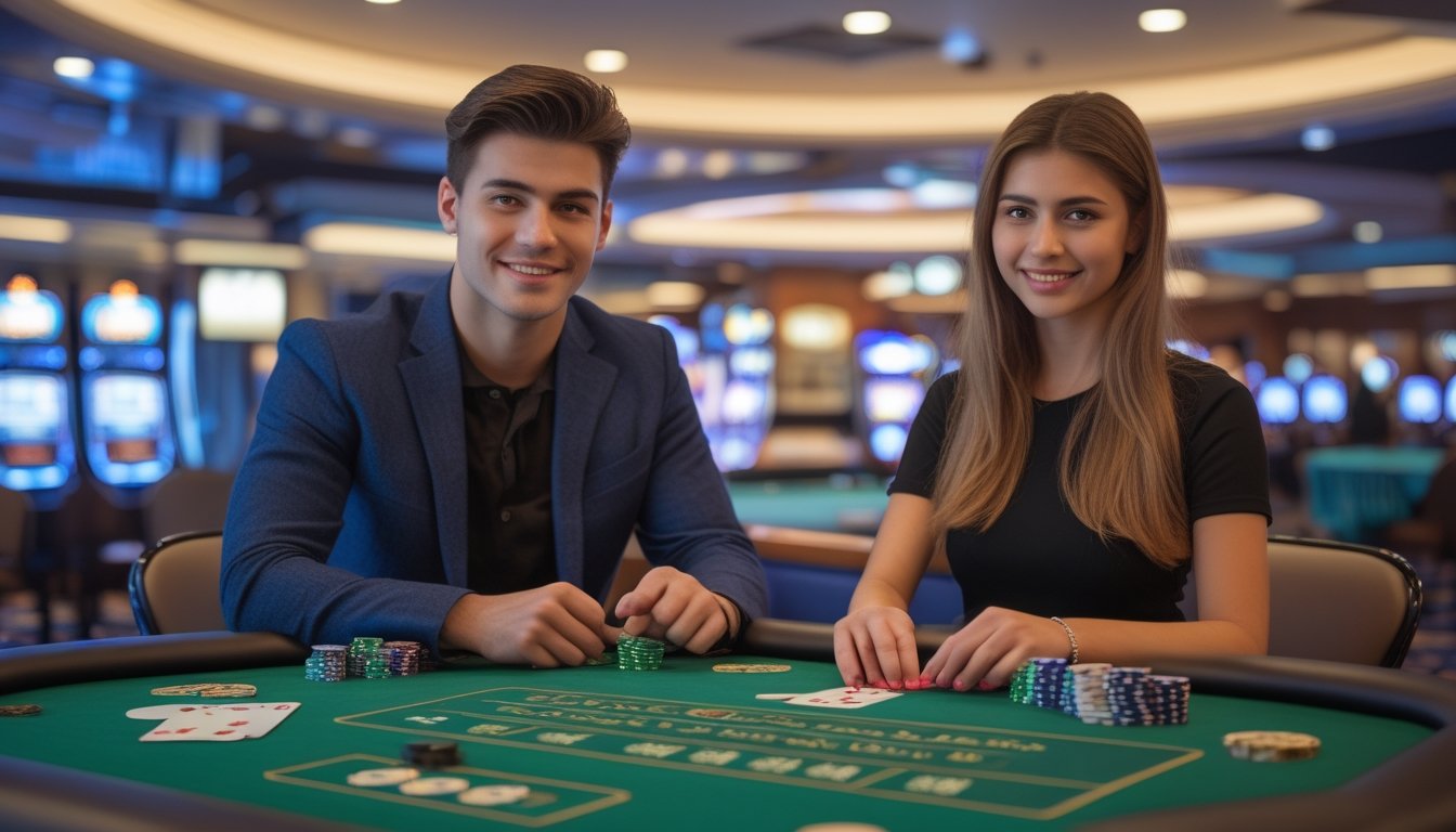 Dua orang muda duduk di meja permainan kasino dengan chip dan kartu, fokus bermain permainan casino war di dalam kasino yang terang dan modern.