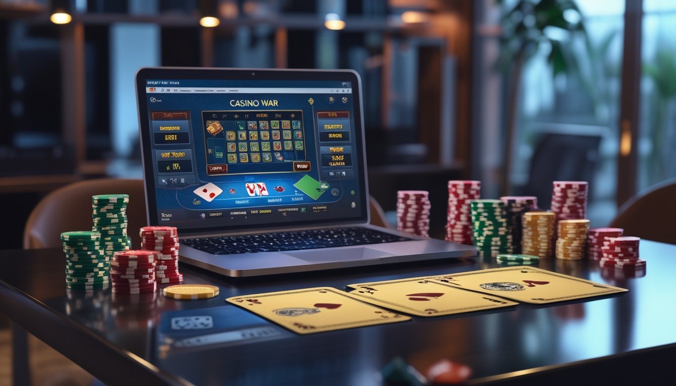 Sebuah laptop menampilkan permainan Casino War dengan kartu dan chip kasino di atas meja kayu gelap.