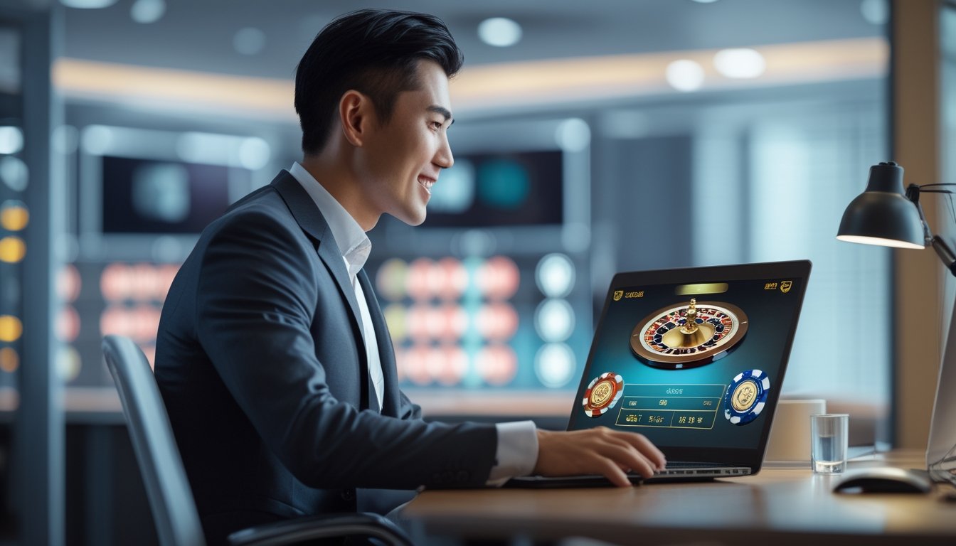 Seorang pria Asia percaya diri duduk di meja dengan laptop di kantor modern yang terang, menampilkan suasana permainan kasino online.