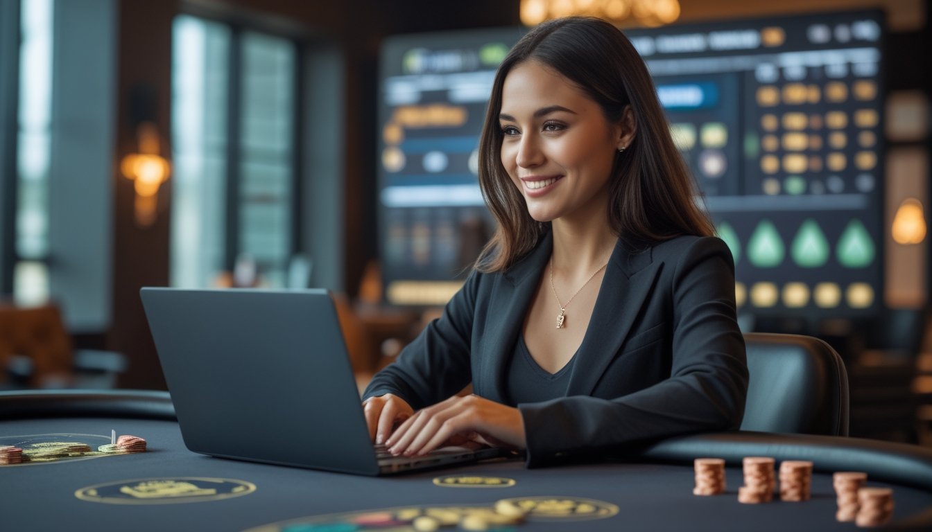 Seorang wanita muda duduk di meja kasino dengan laptop, bermain permainan casino war online dengan ekspresi percaya diri dan fokus.
