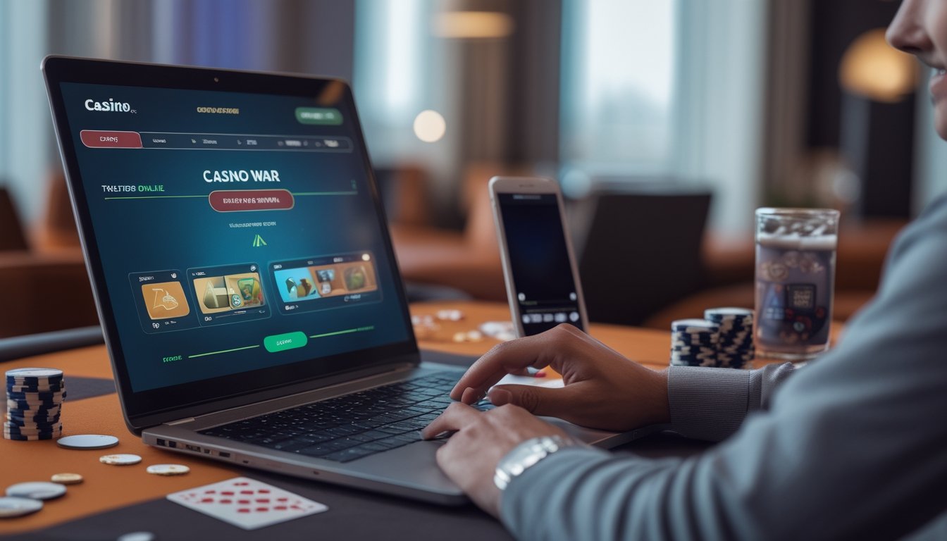 Seseorang sedang bermain permainan Casino War online menggunakan laptop di meja dengan chip poker dan kartu remi.