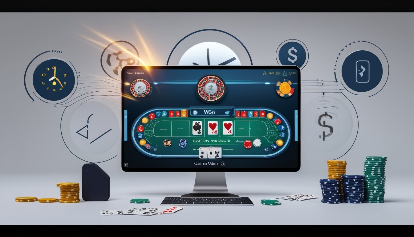 Layar perangkat digital menampilkan permainan casino war dengan simbol transaksi cepat dan jam yang menunjukkan layanan 24 jam.