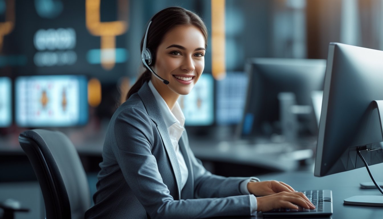 Seorang agen layanan pelanggan yang percaya diri duduk di meja kantor modern dengan komputer, tersenyum dan mengenakan headset.