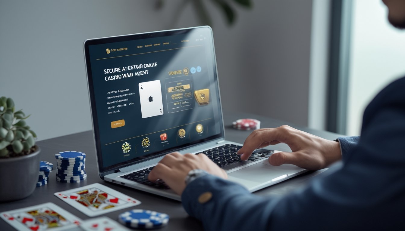 Seseorang menggunakan laptop di meja kerja dengan elemen kasino seperti kartu dan chip di sekitarnya, menunjukkan suasana memilih agen casino online yang aman dan terpercaya.
