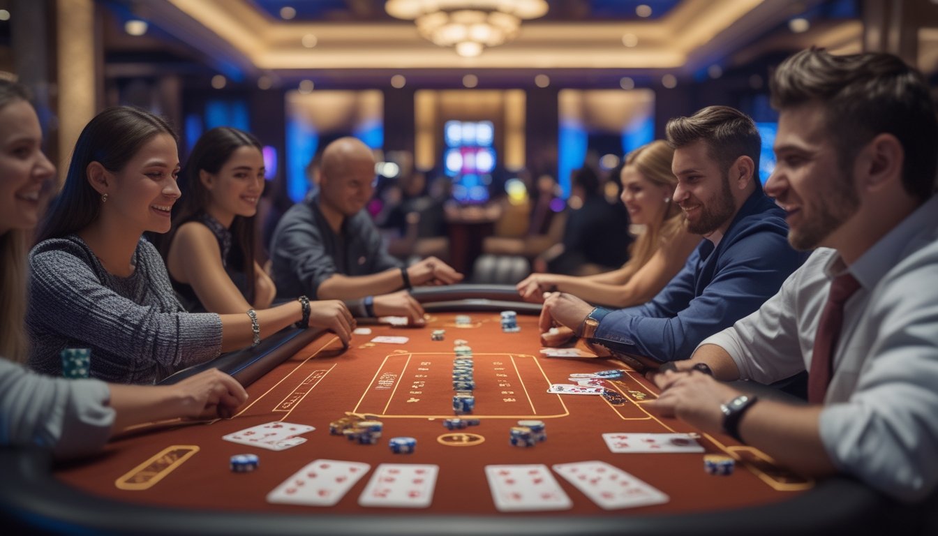 Beberapa pemain sedang bermain permainan kartu Casino War di meja kasino dengan tumpukan chip dan kartu yang rapi.