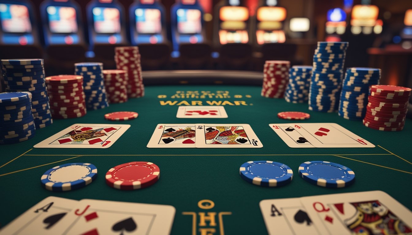 Meja kasino dengan kartu remi dan chip poker berwarna-warni, suasana kasino yang ramai dan terang.