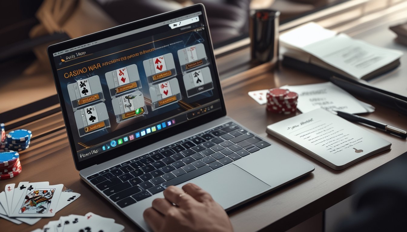Seorang pemain sedang menggunakan laptop dengan permainan Casino War online di layar, di samping terdapat buku catatan dan pena di atas meja kayu dengan chip poker dan kartu remi.