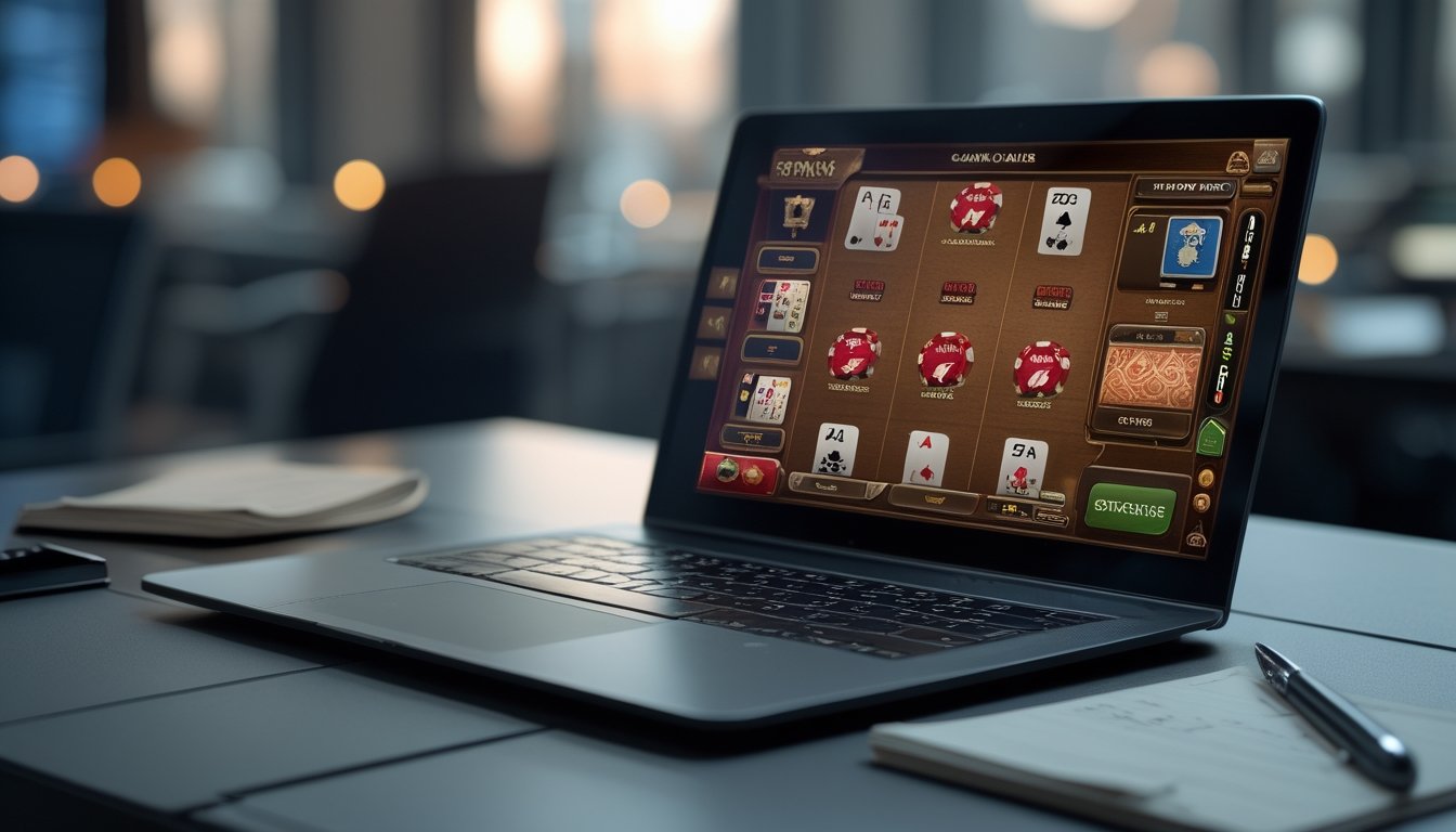 Seorang pemain sedang fokus menggunakan laptop dengan tampilan permainan kartu Casino War online dan alat tulis di meja.
