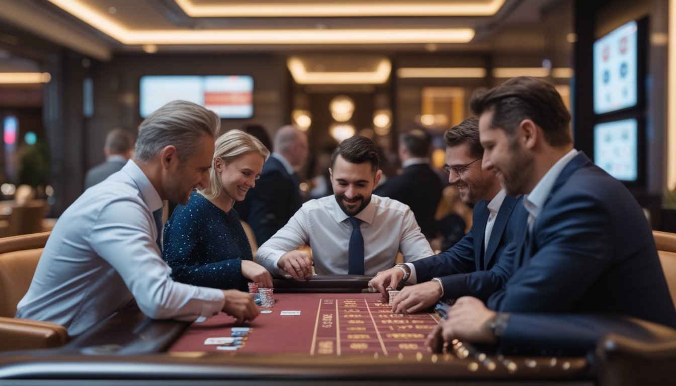 Sekelompok orang dewasa bermain Casino War di meja kasino dengan suasana mewah dan pencahayaan hangat.
