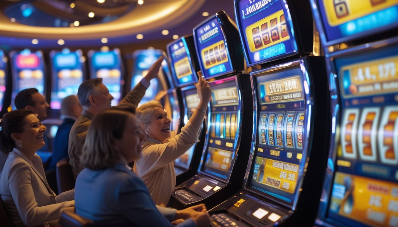 Sejumlah orang bermain mesin slot progresif di kasino modern dengan suasana ceria dan penuh semangat.