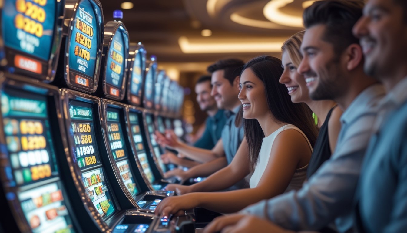 Orang-orang bermain mesin slot jackpot progresif di kasino modern dengan suasana yang cerah dan ramah.