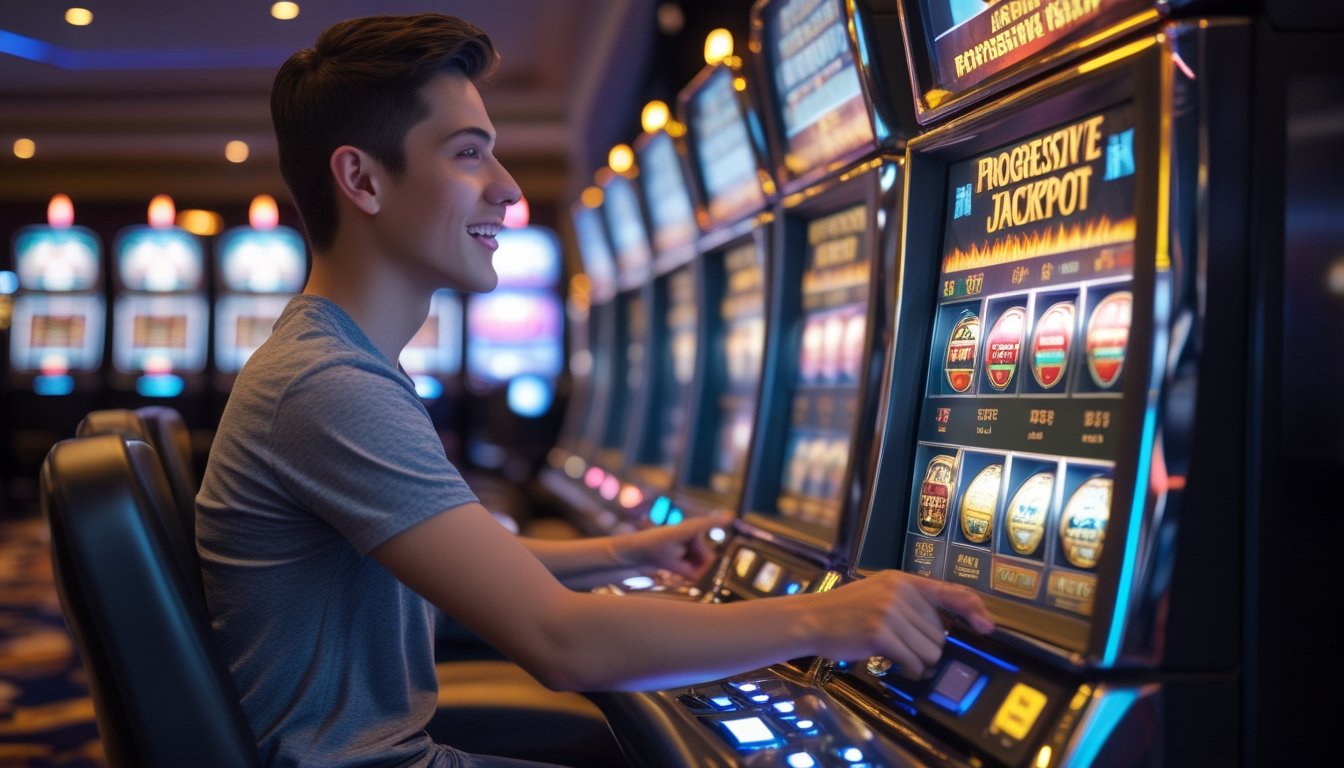 Seorang pemain muda duduk di depan mesin slot di kasino yang modern dan terang, fokus pada layar mesin slot progresif jackpot.