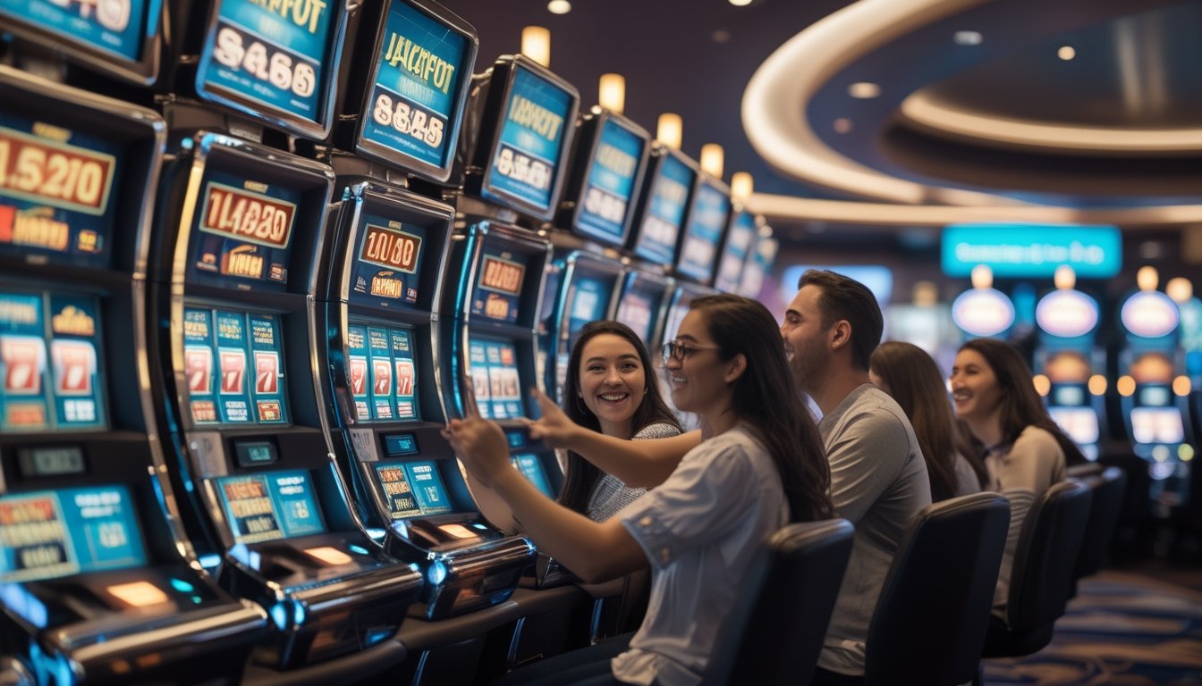 Sejumlah pemain sedang bermain mesin slot progresif di dalam kasino yang modern dan terang.