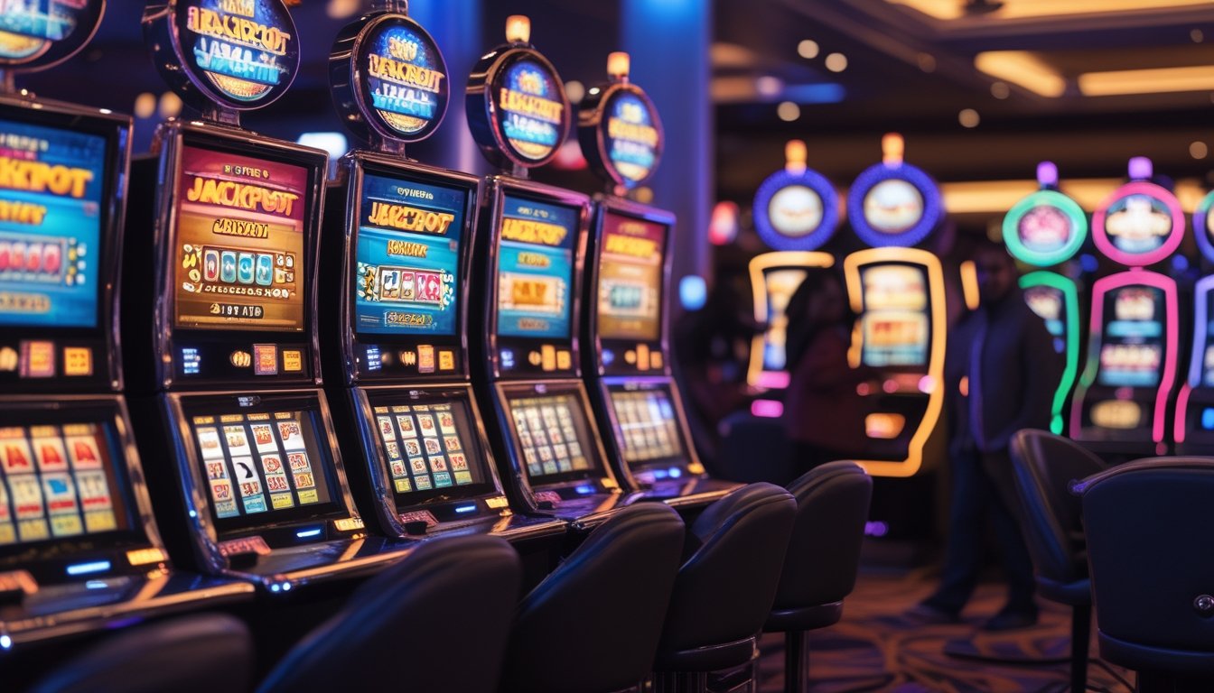 Suasana kasino modern dengan beberapa mesin slot progresif yang berwarna-warni dan pemain yang sedang menikmati permainan.