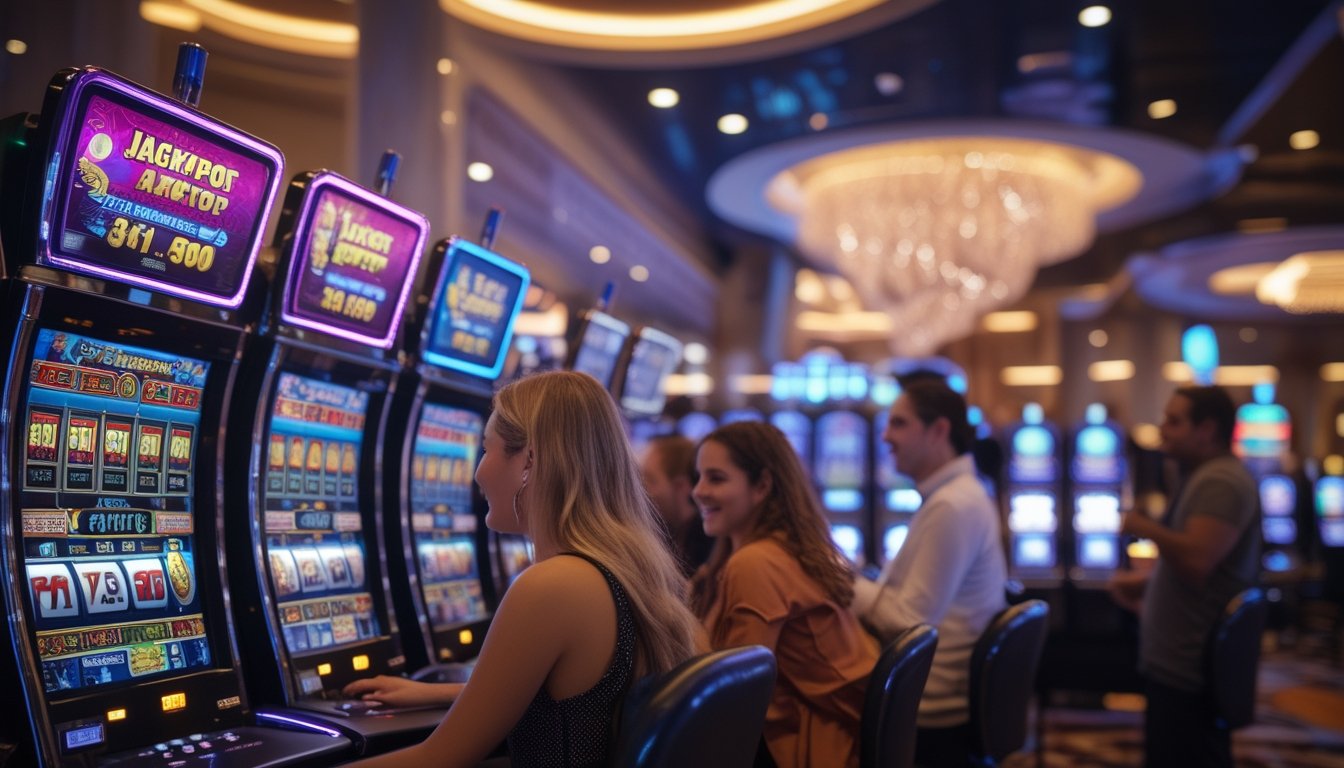 Beberapa orang sedang bermain mesin slot jackpot progresif di dalam kasino yang modern dan terang.