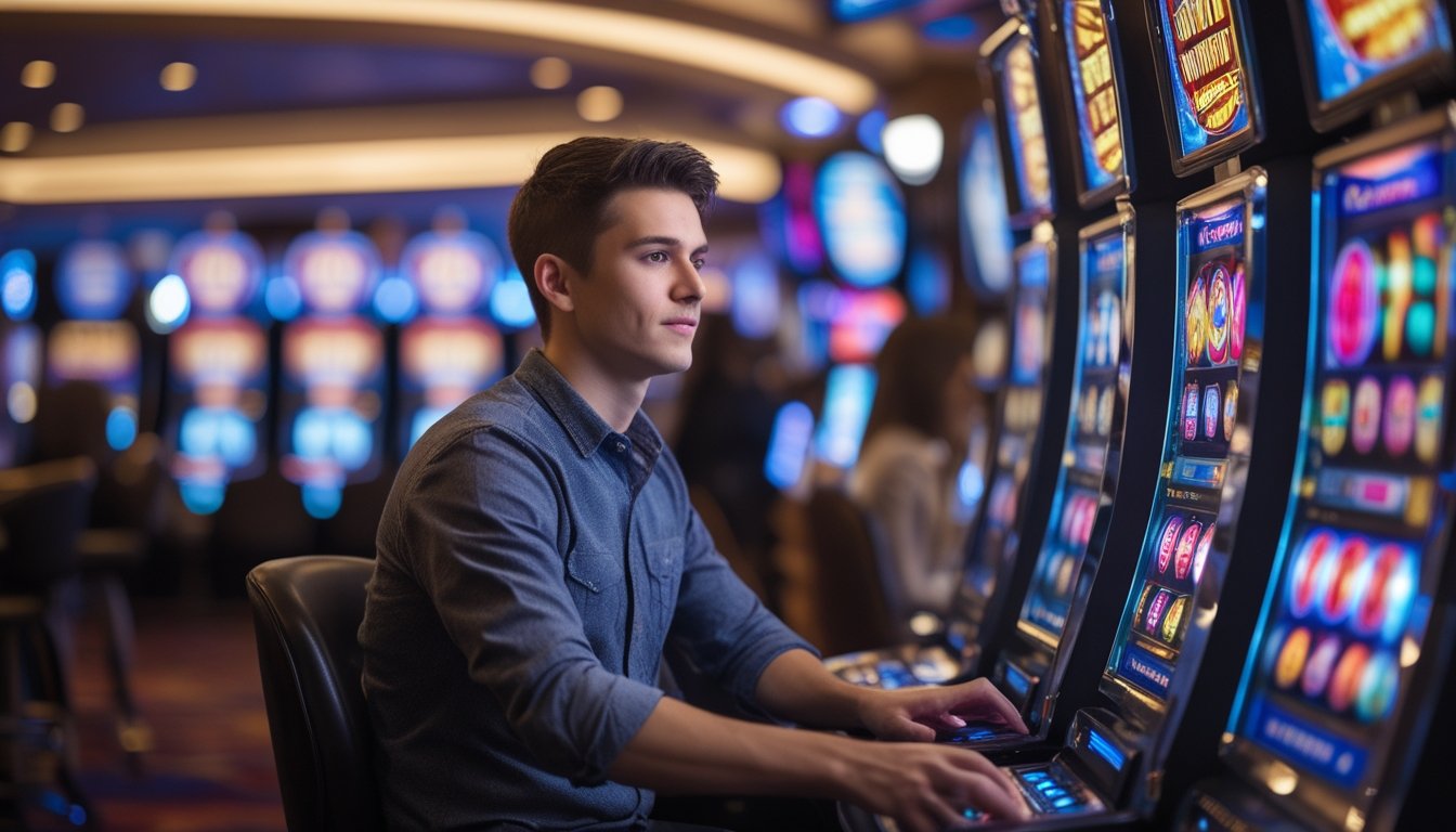 Seorang pemain sedang fokus bermain mesin slot progresif di dalam kasino yang terang dan penuh warna.