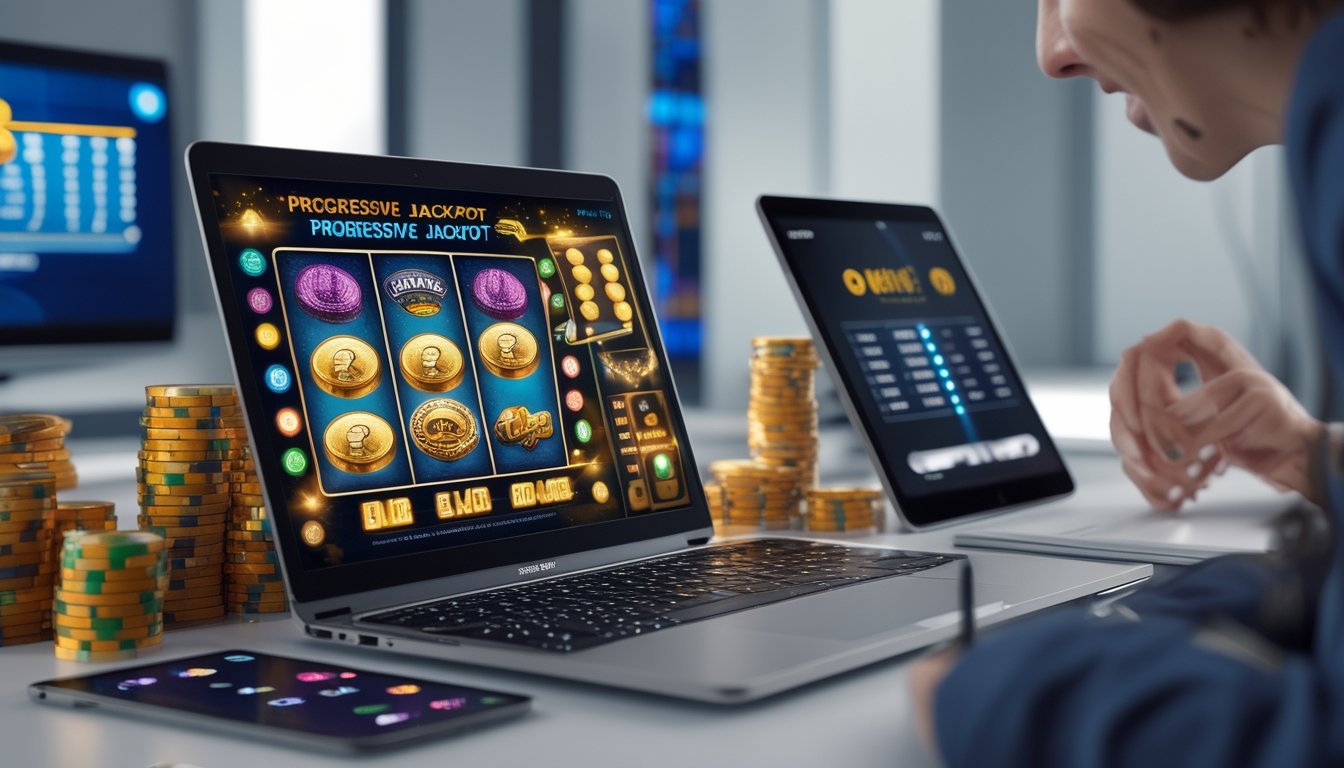 Seseorang menggunakan komputer dengan layar menampilkan permainan slot online progresif, dikelilingi oleh chip poker dan perangkat digital di meja kerja.