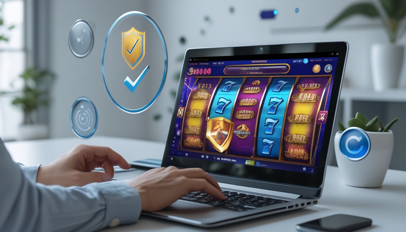 Tangan seseorang sedang menggunakan komputer dengan tampilan permainan slot jackpot progresif di layar.