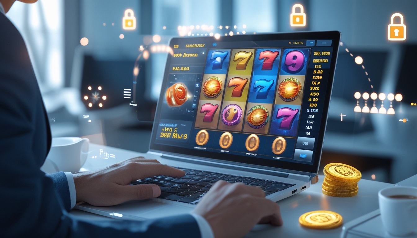 Seorang pria atau wanita menggunakan laptop dengan tampilan permainan slot progresif di layar, di latar belakang terdapat simbol keamanan dan transaksi cepat.