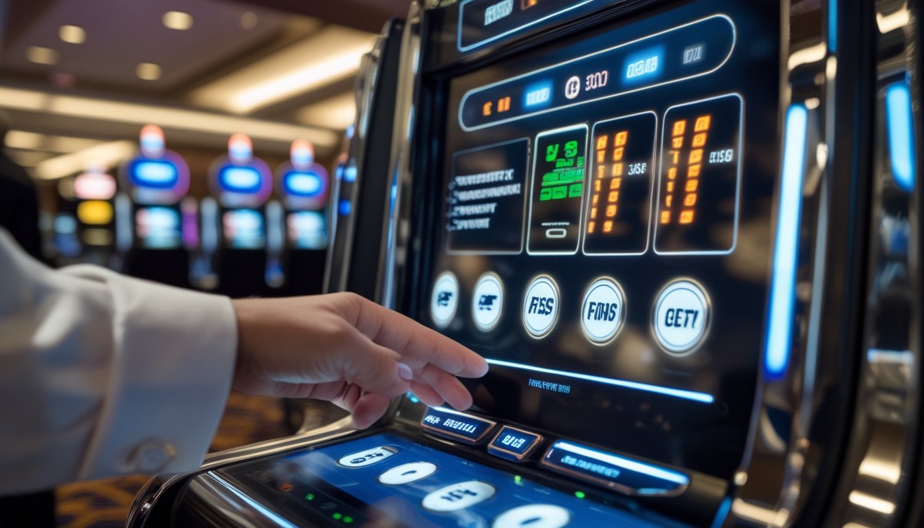 Seorang pemain di kasino menggunakan mesin slot progresif dengan tampilan digital dan suasana kasino yang terang.