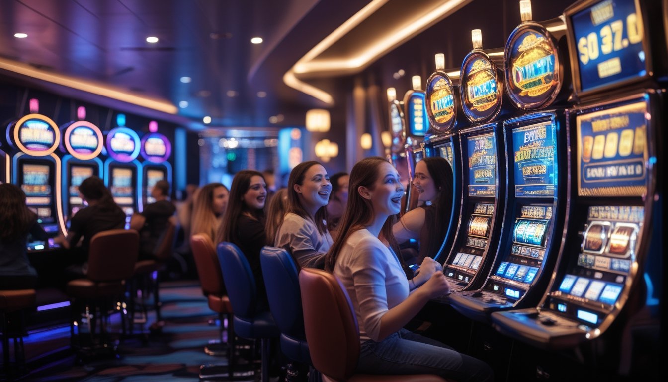 Suasana dalam kasino dengan beberapa mesin slot progresif yang menyala terang dan beberapa mesin slot biasa di dalamnya, dengan pemain yang terlihat antusias bermain di mesin slot progresif.