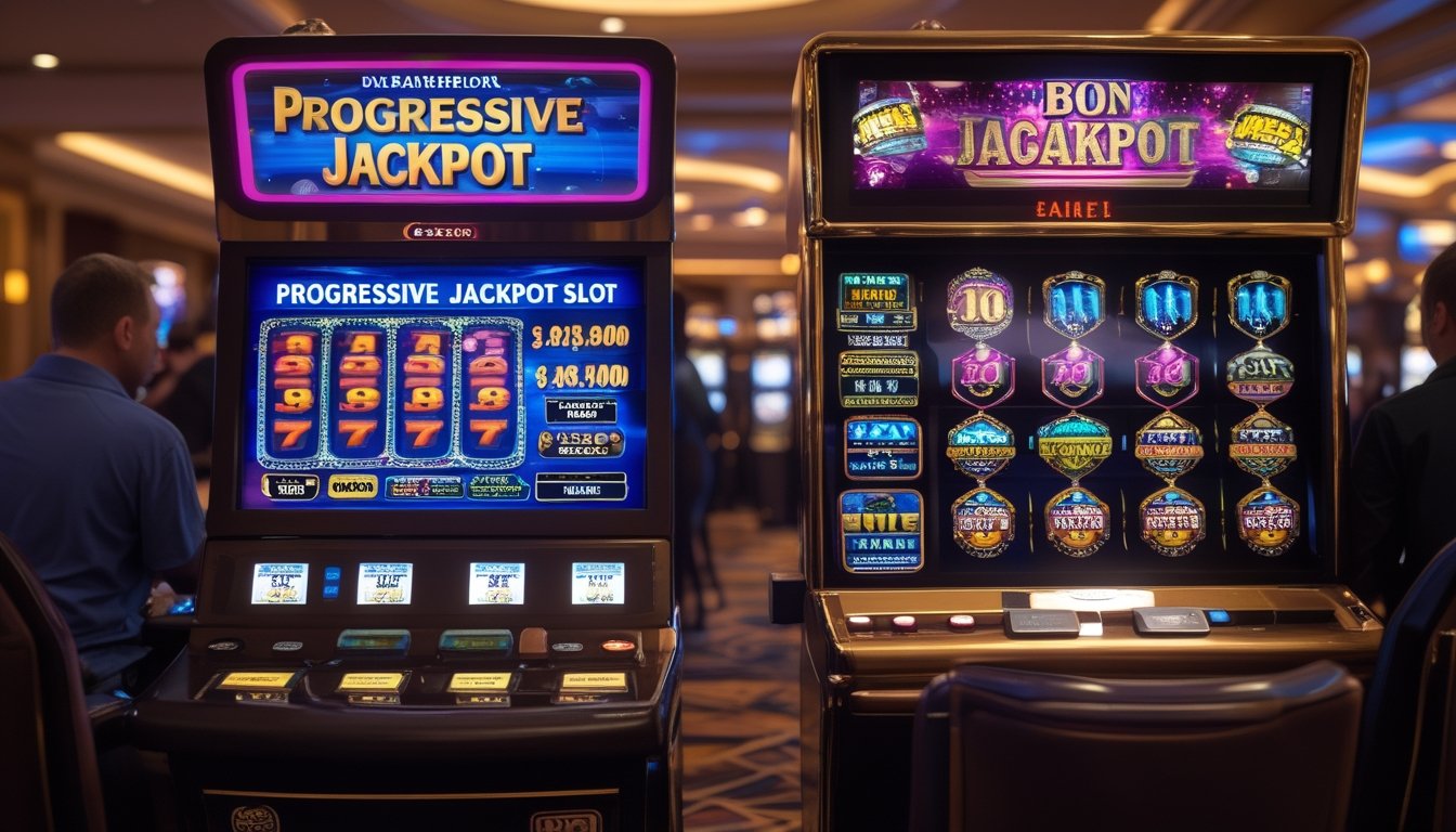 Dua mesin slot berdampingan di kasino, satu dengan tampilan jackpot progresif yang menyala dan satu mesin slot biasa dengan tampilan klasik, dengan beberapa pemain sedang bermain.