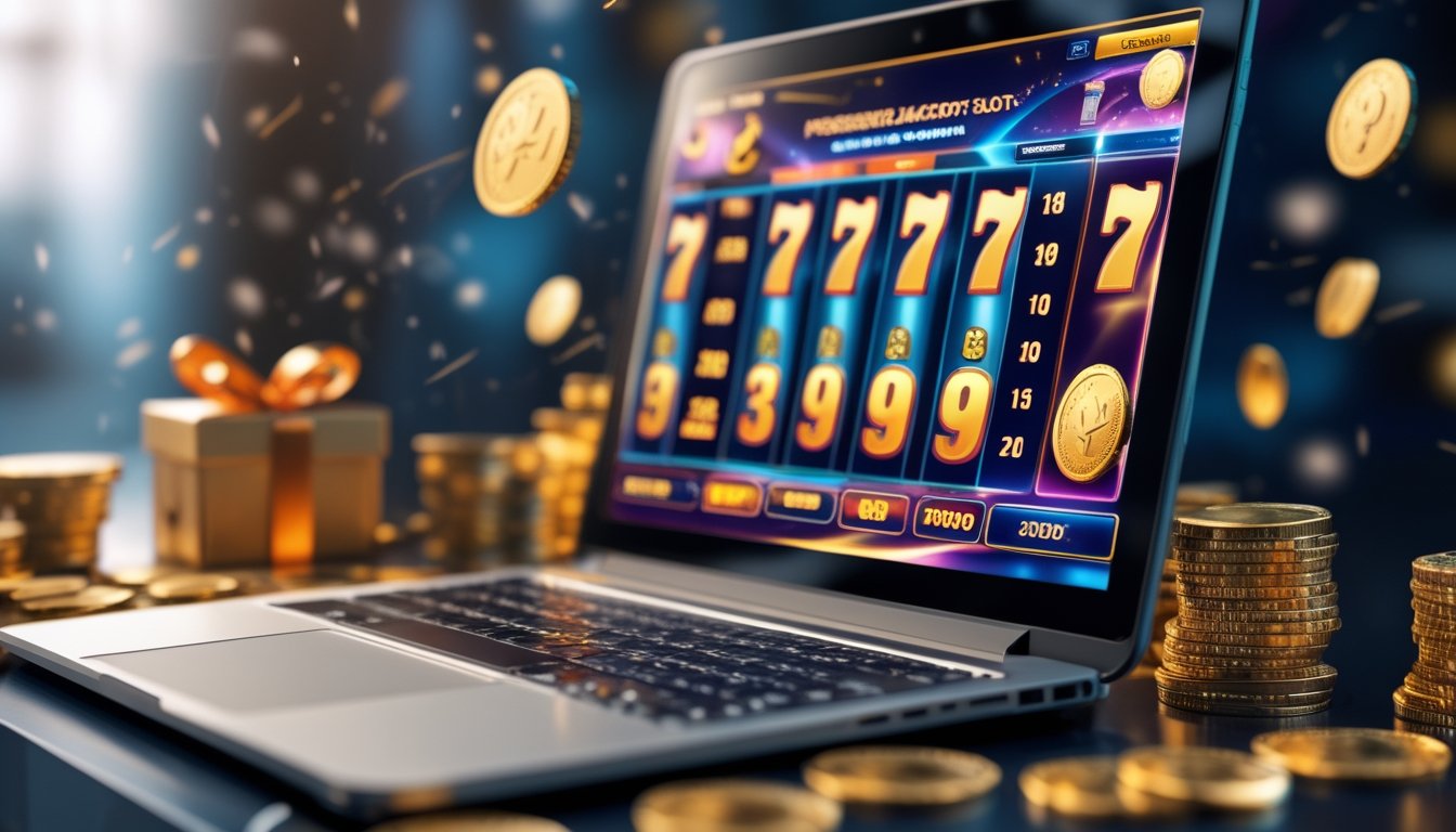 Sebuah komputer menampilkan permainan slot online dengan jackpot progresif dan simbol bonus di sekitarnya.