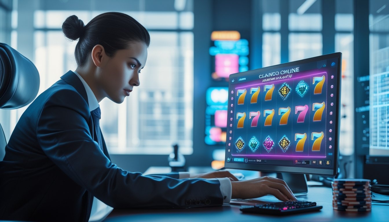 Seseorang yang percaya diri duduk di meja modern menggunakan laptop dengan tampilan permainan slot online progresif di layar.