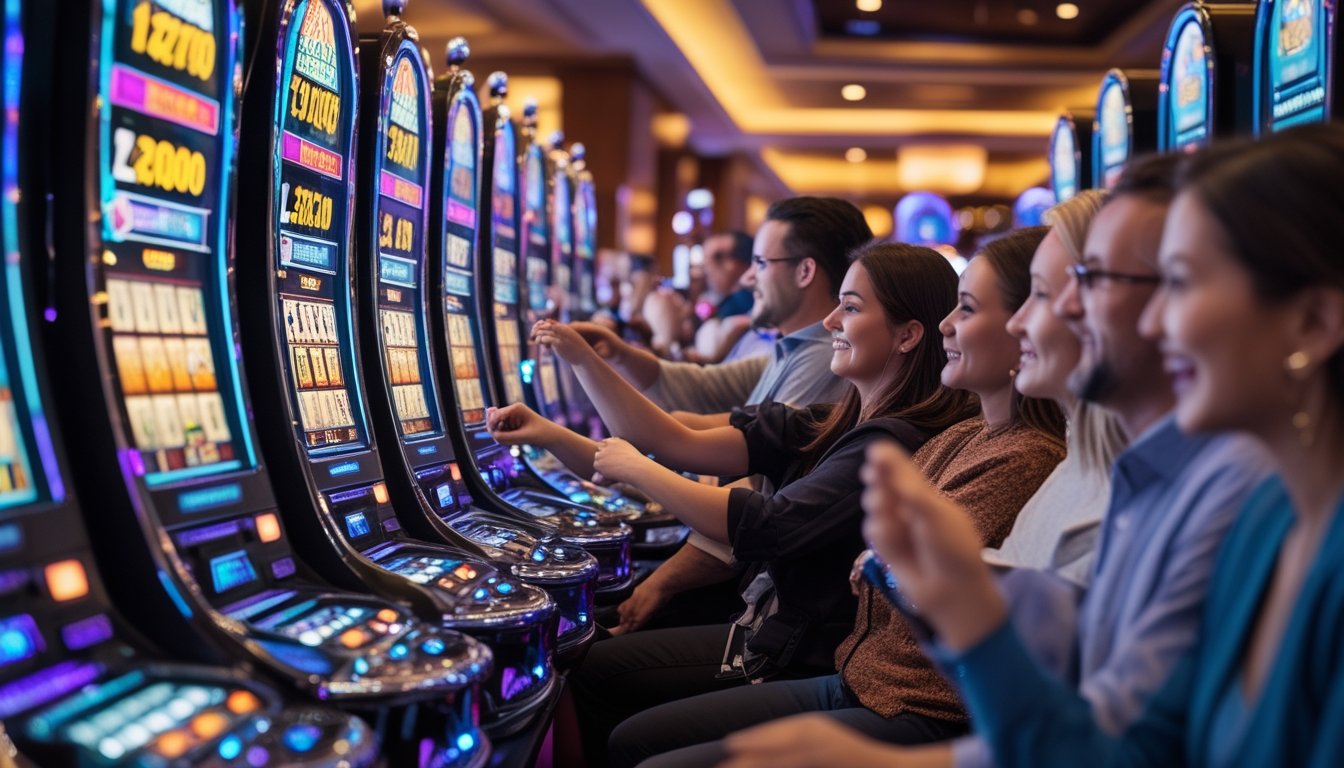 Suasana kasino dengan mesin slot progresif yang menampilkan jackpot besar dan pemain yang antusias bermain.