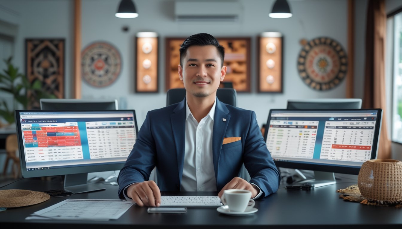 Seorang pria Filipina duduk di meja kantor modern dengan beberapa layar komputer yang menampilkan jadwal dan odds sabung ayam, di ruang yang rapi dengan dekorasi budaya Filipina.