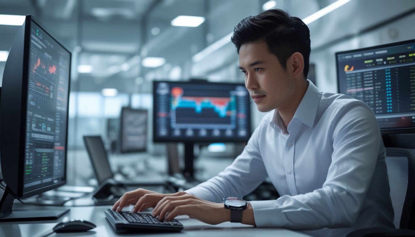 Seorang pria Asia Tenggara duduk di meja dengan beberapa layar komputer, menggunakan ponsel dan mengetik, menunjukkan aktivitas taruhan online yang cepat dan terpercaya.