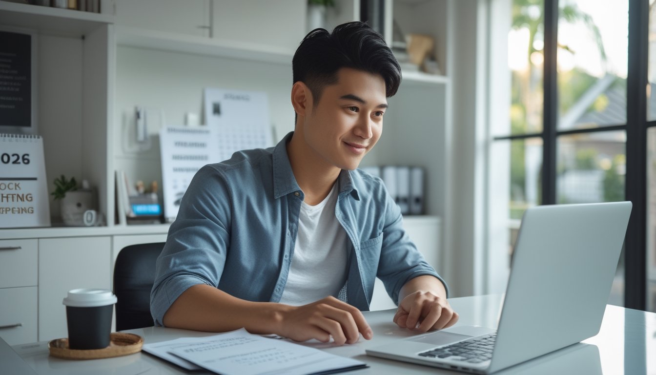 Seorang pria muda duduk di meja dengan laptop dan catatan, sedang meneliti agen sabung ayam Filipina resmi di tahun 2026.