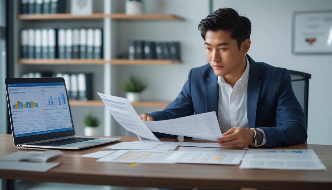 Seorang pria muda sedang duduk di meja kantor modern sambil memeriksa dokumen resmi dan menggunakan laptop di ruangan kantor yang terang dan rapi.