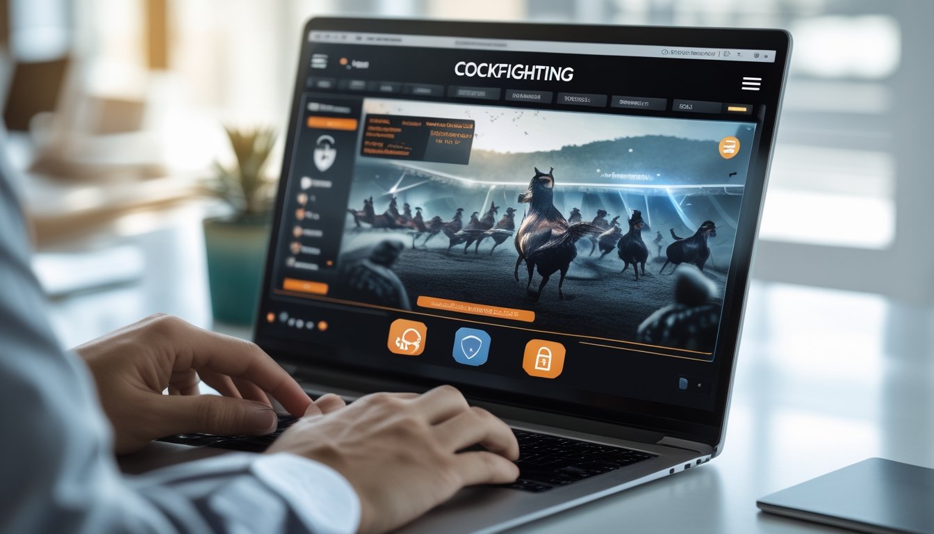 Seseorang menggunakan laptop dengan tampilan live streaming sabung ayam online yang aman dan berkualitas tinggi.