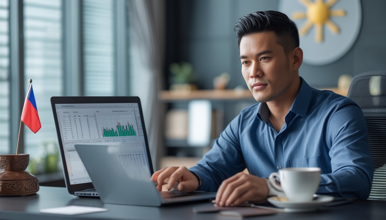Seorang pria Asia Tenggara duduk di meja kantor modern dengan laptop, terlihat fokus dan serius dalam menganalisis data.