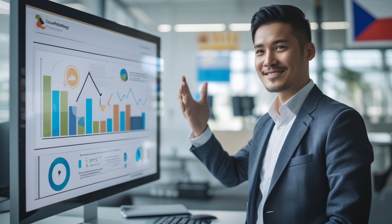Seorang pria Asia Tenggara berdiri di kantor modern sambil tersenyum dan menunjuk ke layar digital dengan grafik abstrak yang menunjukkan kesuksesan.