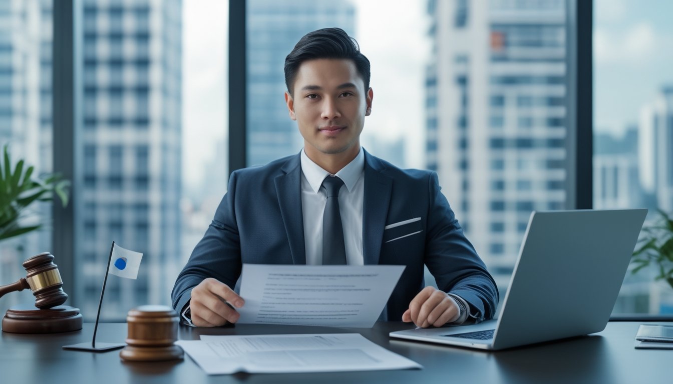 Seorang pria Asia Tenggara duduk di kantor modern dengan pakaian bisnis, meninjau dokumen di depan laptop, dengan latar belakang pemandangan kota dan elemen yang menunjukkan legalitas dan reputasi.